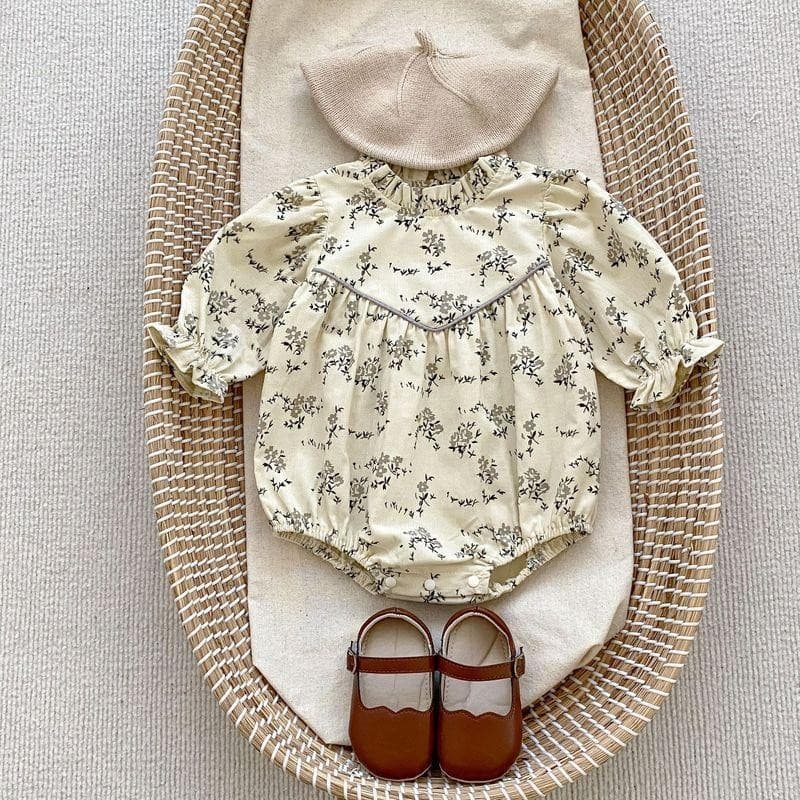 Baby Girls' Corduroy Floral Long-Sleeve Bodysuit with Snap Closure, Spring and Fall Style, Romper Crawling Suit