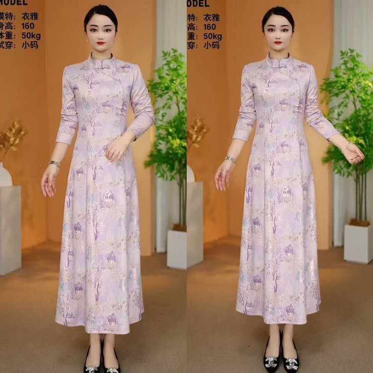 Elegant retro Chinese style middle-aged and elderly plus size women's cheongsam long-sleeved dress spring and summer thin print design