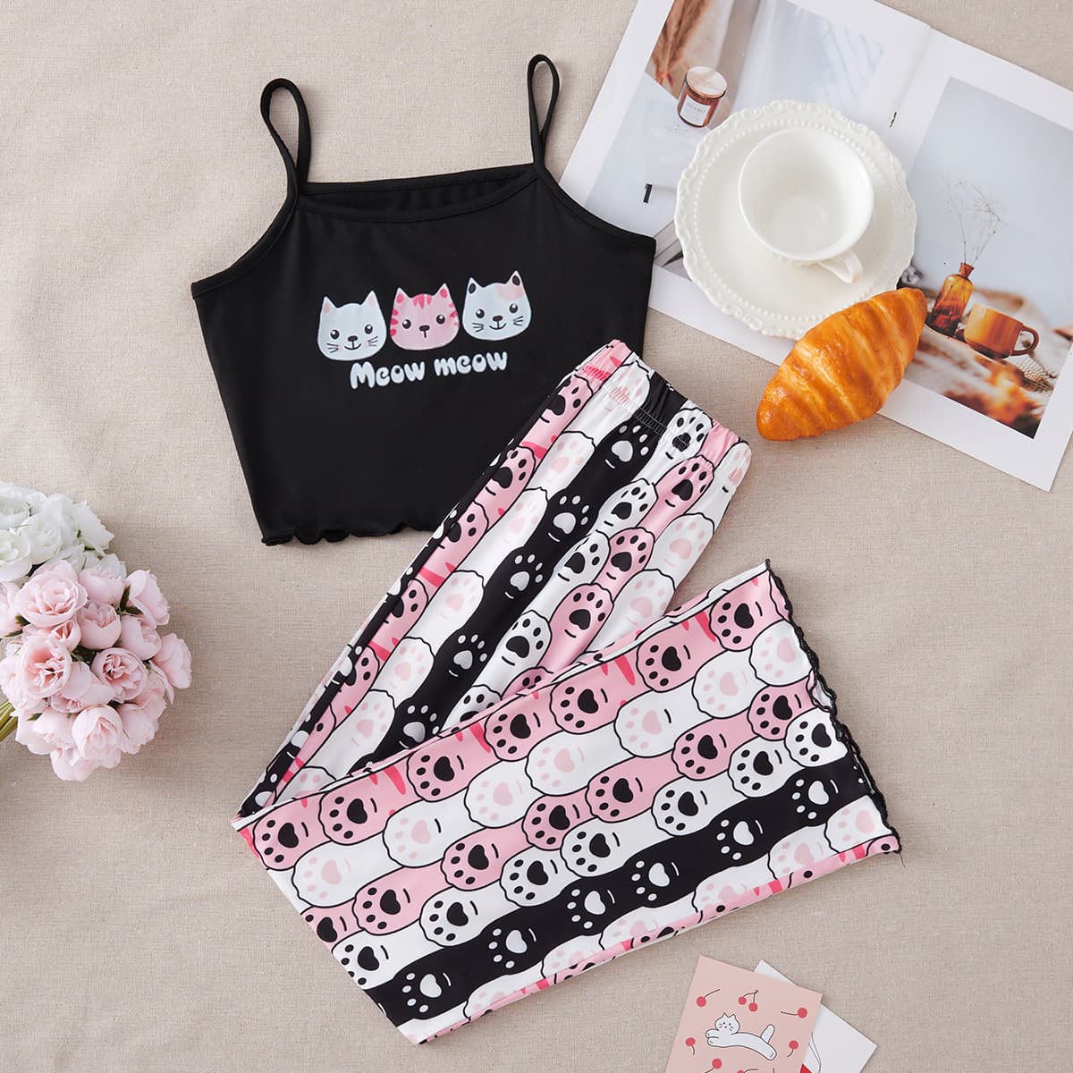 Amazon Export Girls Printed Camisole and Long Pants Pajama Set, Spring and Autumn Bestseller Two-Piece Set for Middle and Older Children