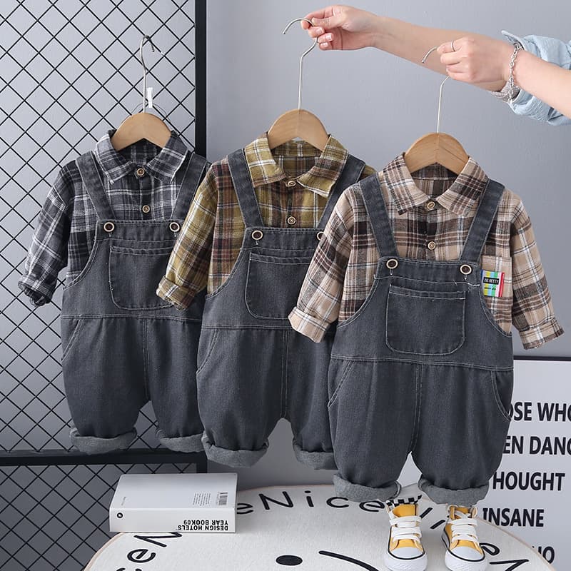Baby autumn suit boy plaid shirt denim overalls two-piece set spring and autumn Korean style children's clothing