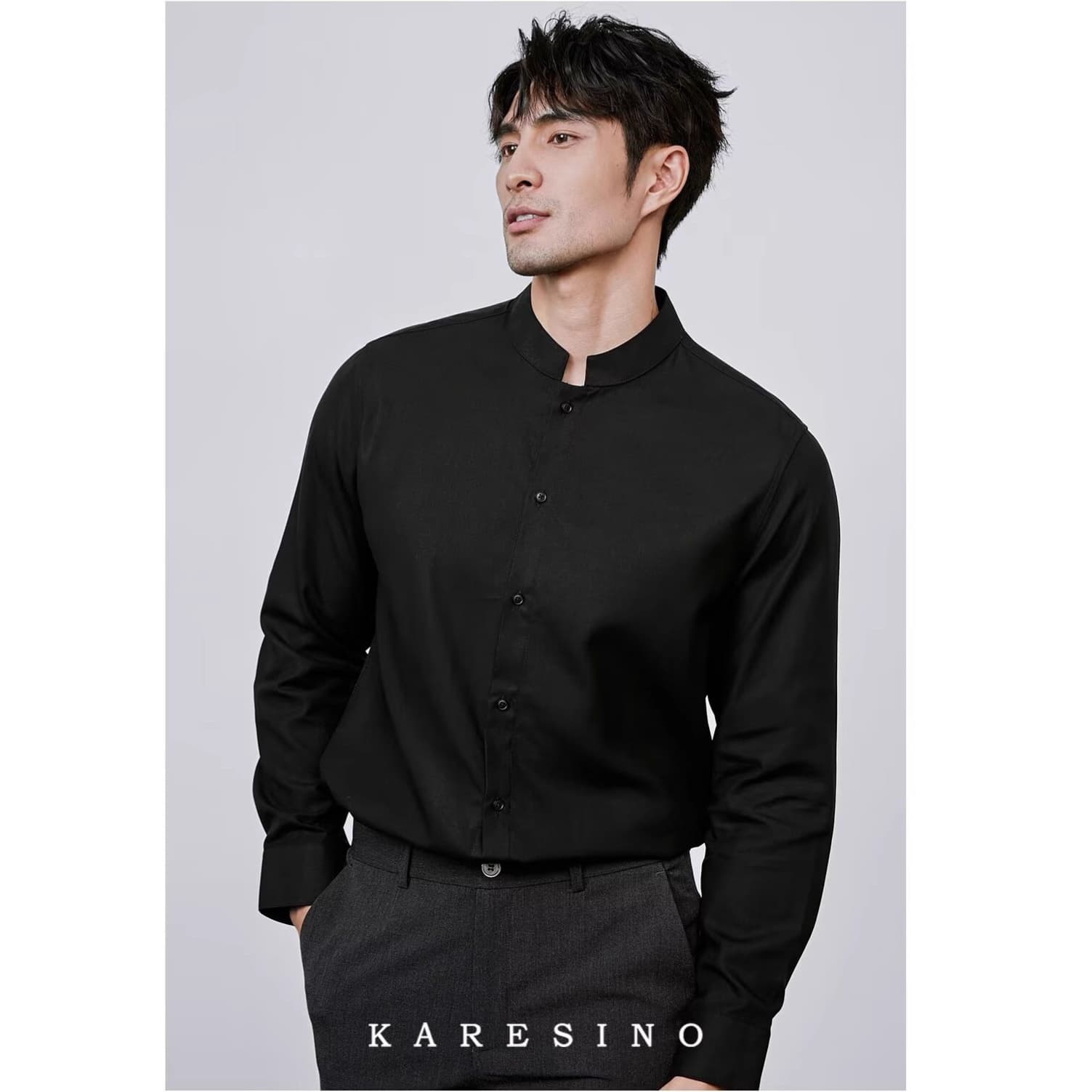 Simple and Versatile Mandarin Collar Shirt for Men, Long Sleeve, Slim Fit, Business Casual, Wrinkle-Free