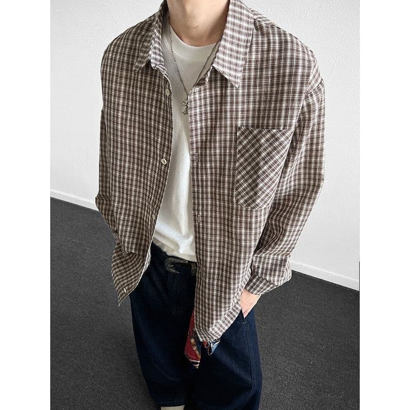 Spring and Autumn Thin Plaid Shirt Men's Casual Loose Lapel Check Long Sleeve Blouse Women Korean Trendy Top