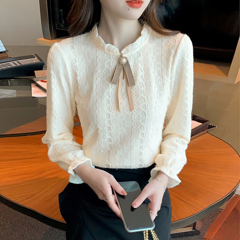 Semi-High Neck Lace Base Layer for Women, Autumn/Winter Fleece-Lined 2023 New Style Inner Stylish Blouse Design Niche Top
