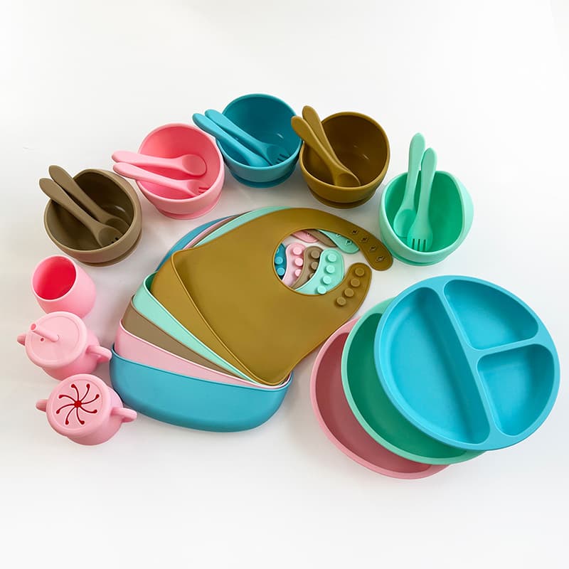 Amazon Cross-Border Silicone Dinner Plate 8-Piece Set, Baby Food Bowl with Suction Base, Divided Plate, Children's Silicone Dinner Plate