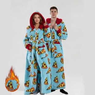 Autumn/Winter Ins-Style Couple Cartoon Print Flannel Bathrobe, Unisex Thickened and Warm with Hood, Homewear Available