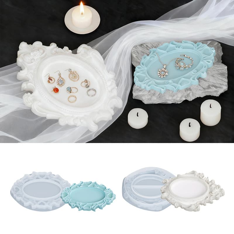 European Palace Vintage Embossed Pattern Storage Tray Display DIY Oval Photo Frame Silicone Mold