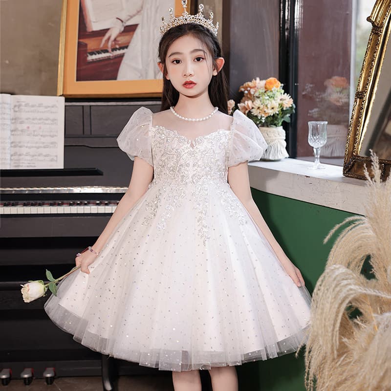 Children's Princess Dress, White Flower Girl Wedding Gown, High-End Girls' Piano Performance Hostess Outfit