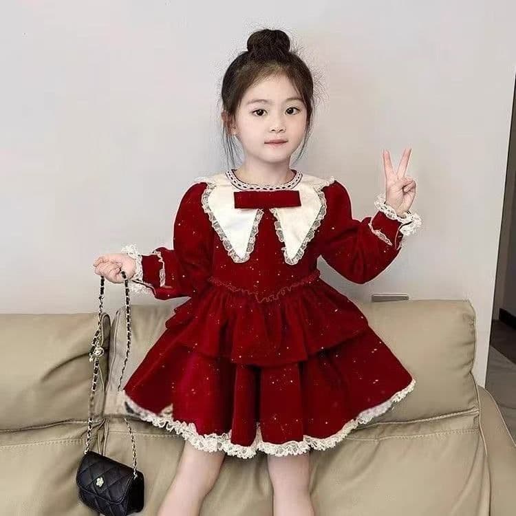 Christmas Theme Girls Dress Sparkling Heavy Work Red New Year Ceremony Dress Baby Princess Skirt Autumn Winter New Arrival