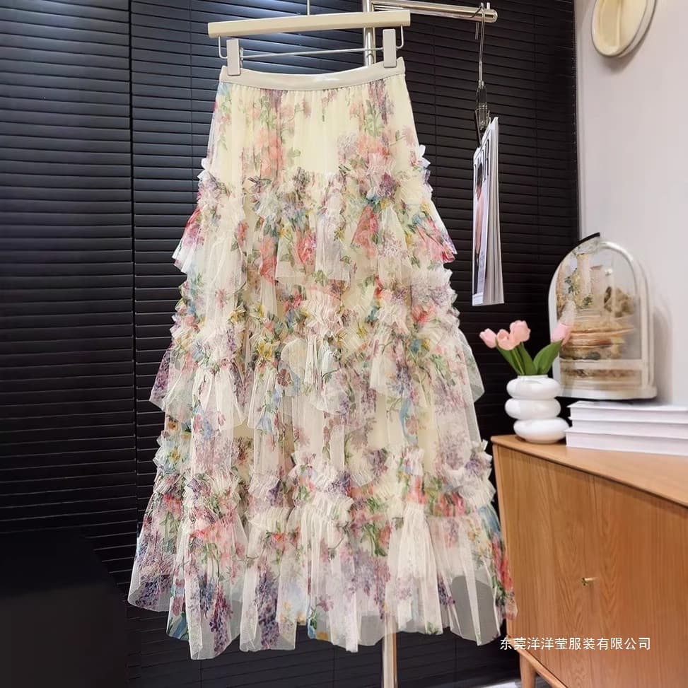 European and American Cross-border Amazon Heavy-Duty Patchwork Printed Mesh Cake Skirt Half Skirt Women's New Floral Puffy Long Skirt