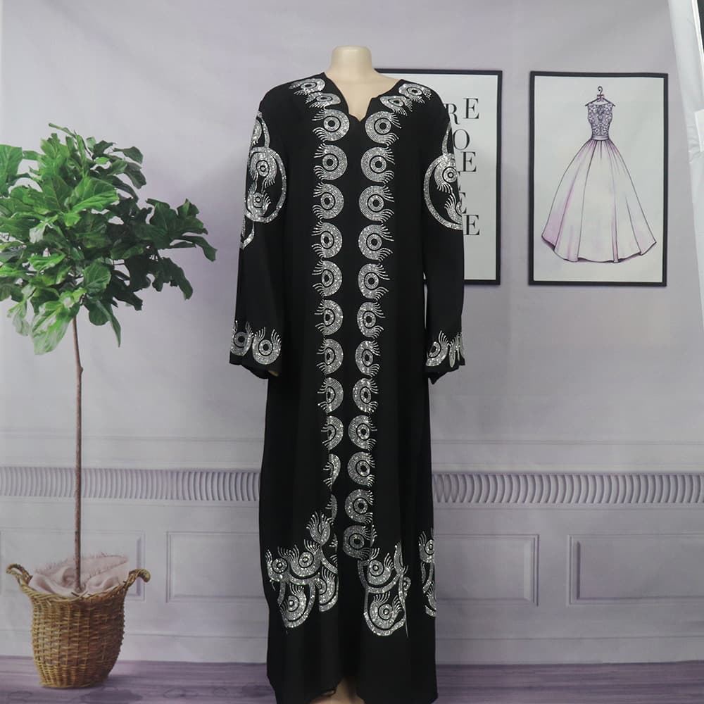 Cross-border AliExpress African Plus Size Women's Dress Black Rhinestone Long Dress Factory Wholesale
