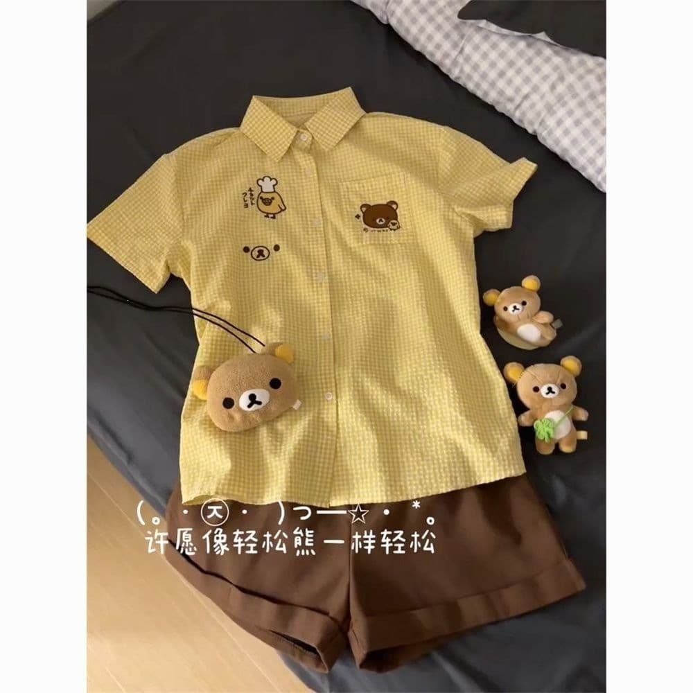 Girls Cute Rilakkuma Yellow Plaid Short Sleeve Shirt Set 2026 Korean Summer Shorts Two-piece Set