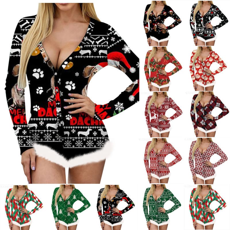 AliExpress eBay new 2021 Christmas women's top printed sexy long-sleeve V-neck backless fuzzy