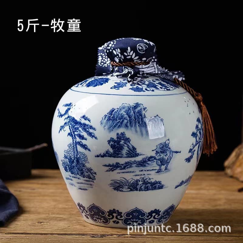 Jingdezhen Ceramic Wine Jar 5 Jin Capacity Blue-and-White Wine Jar, Various Specifications Wholesale, Wine Container/Vat, Blue-and-White Porcelain Drinkware