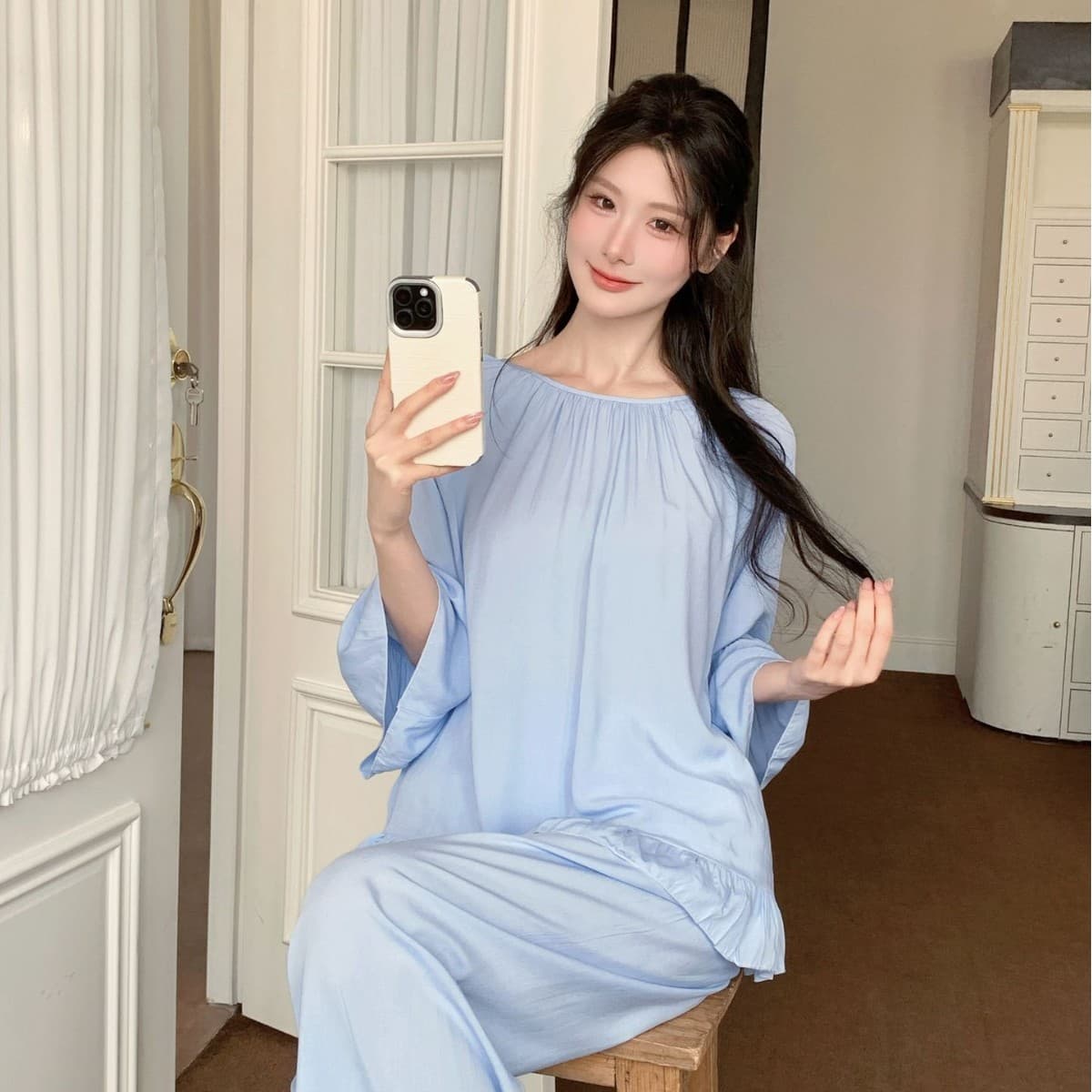 New Simple Comfortable Pajamas for Women Summer Slimming Ruffle Short Sleeve Long Pants Viscose Homewear Thin Two-Piece Set