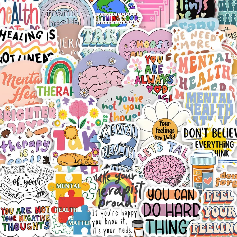 50pcs Mental Health Stickers for Phone Case, Luggage, Water Bottle, Journal DIY Waterproof Decoration Cross-Border Wholesale
