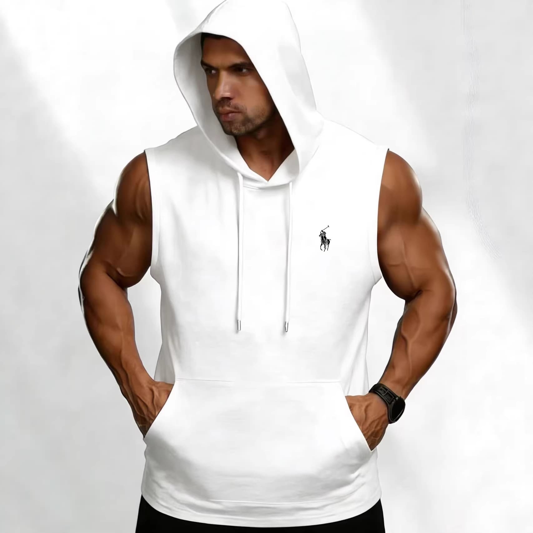 Cross-border Hooded Sleeveless T-shirt Men's Fashion Embroidered Hooded Summer Sports Fitness Hooded Vest Hoodie Top