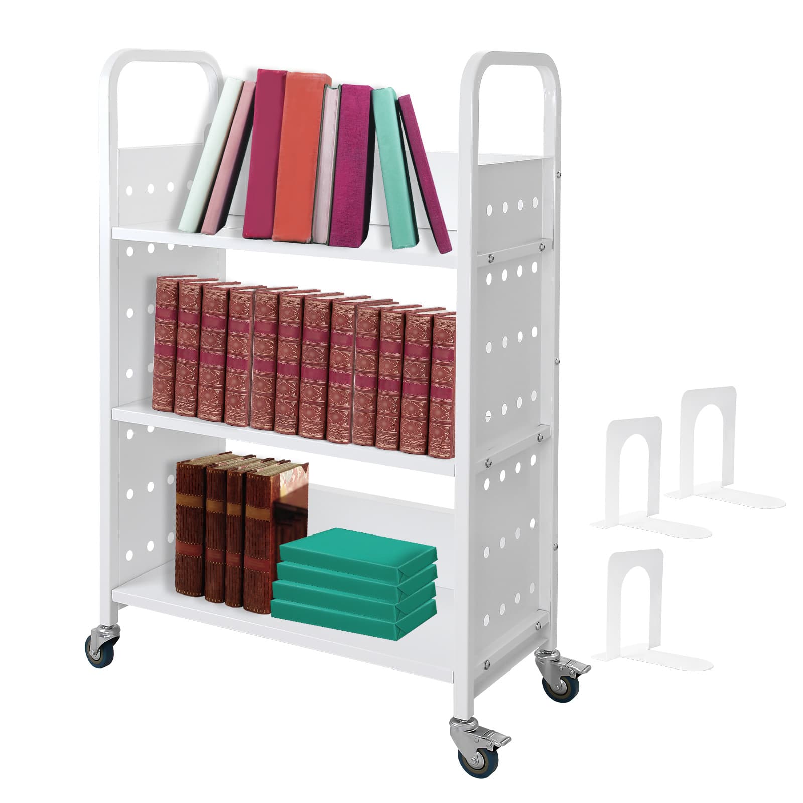 Custom L-shaped, W-shaped, V-shaped Library Silent Book Cart Handcart Archives Two-Tier Three-Tier Mobile Steel Book Cart