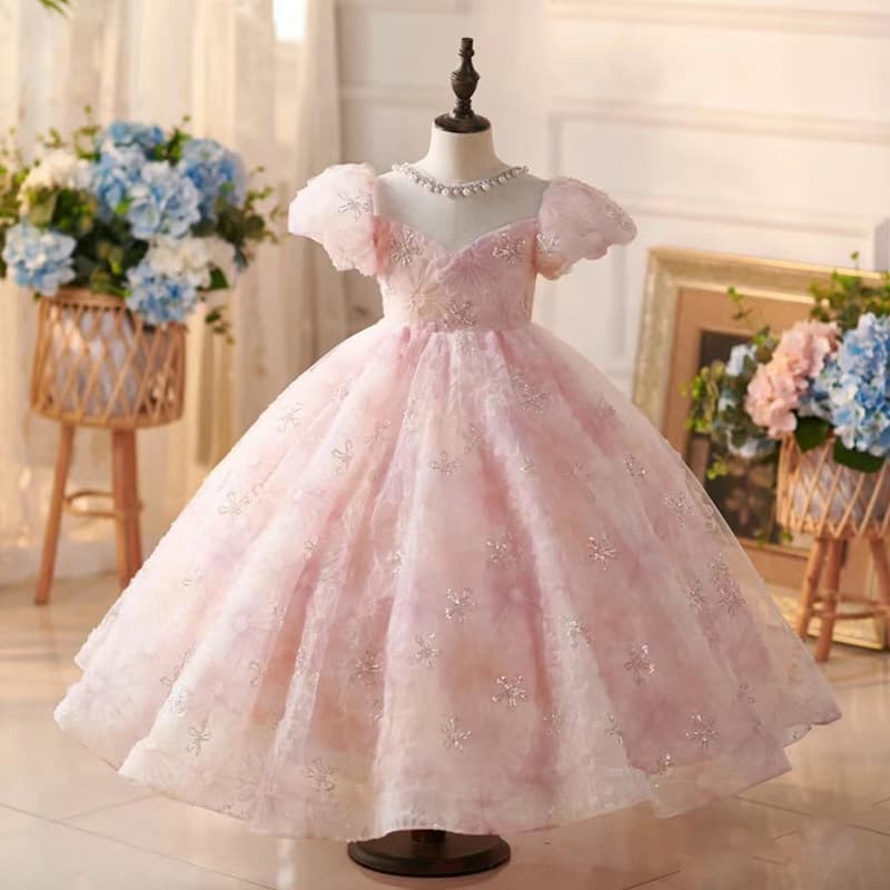 Pink Girl's Dress Luxury Niche French Children's Wedding Princess Dress Birthday Host Evening Dress Piano Performance