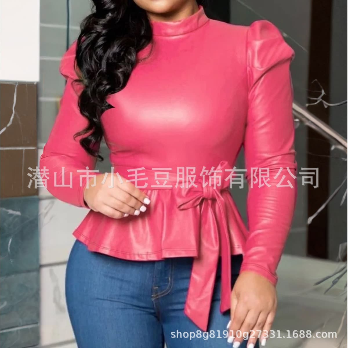 2026 European and American Cross-Border Women's Magenta PU Leather High-Neck Long-Sleeve Puff Sleeve Tie Waist Ruffle Hem Slim Fit T-Shirt