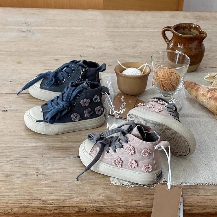 Korean Children's Shoes, 2025 Autumn New Style, Kids' High-Top Canvas Shoes, Girls' Floral Side Zipper Versatile Casual Sneakers