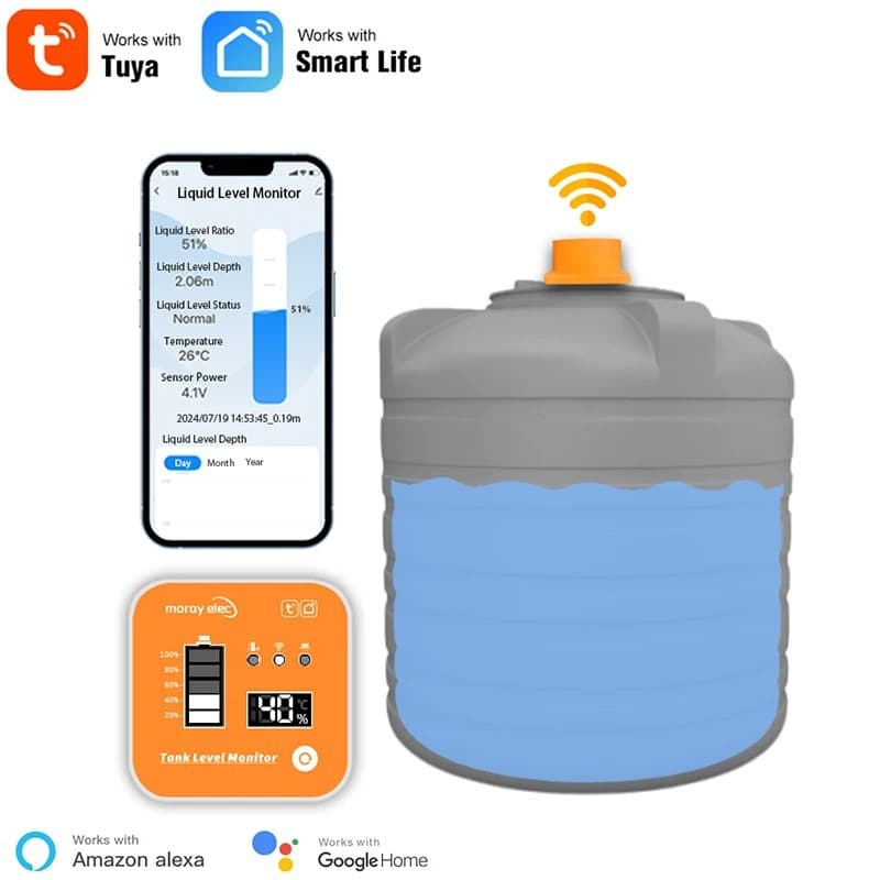 Tuya Smart WiFi Remote Ultrasonic Liquid Level Tank Monitor with LED Display ME201R