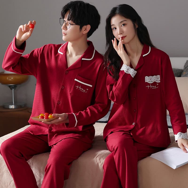 Festive Couple Pajamas Pure Cotton Waffle Long Sleeve Newlywed Marriage Wedding Gift Zodiac Year Red Homewear