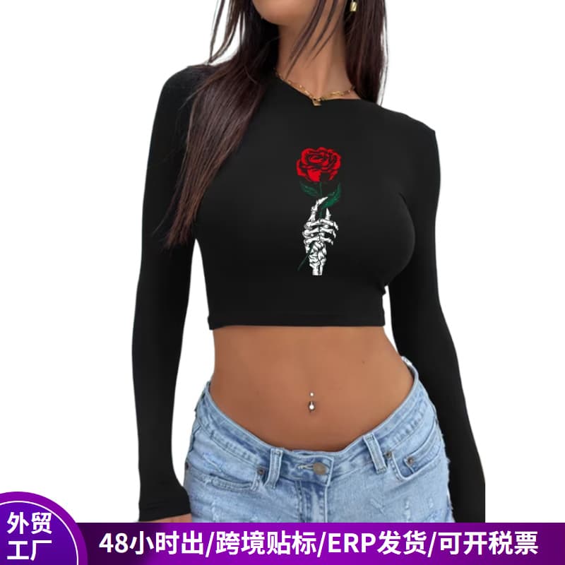 Cross-border American Retro Women's Round Neck High Street T-Shirt Fashion Y2K Cropped Short Long Sleeve Printed Top