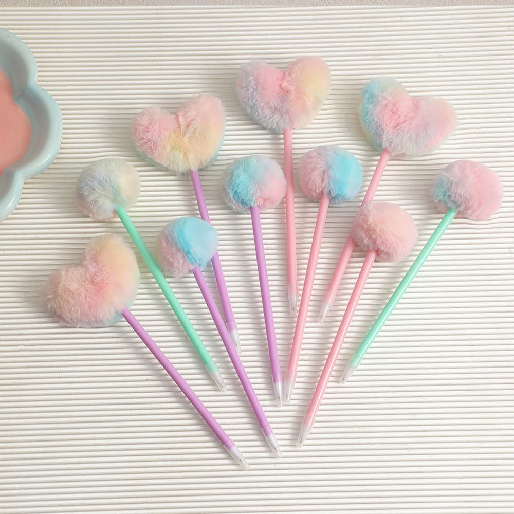 Girl Cartoon Heart Shaped Fur Ball Hand Account Pen Student Creative Ballpoint Pen Children's Cute Stationery Plush Pen Gift Pen