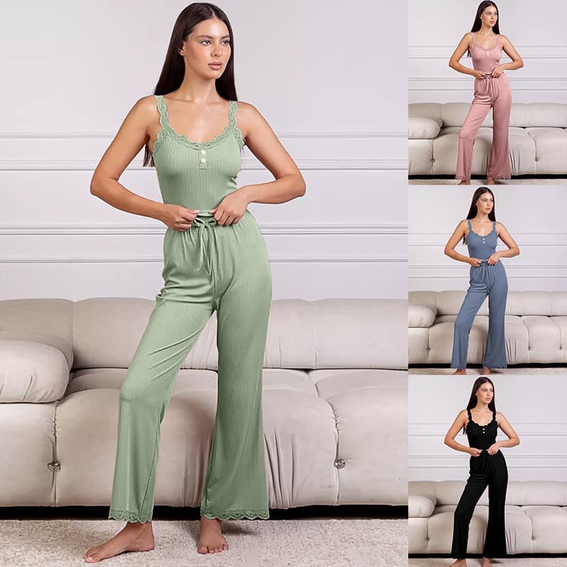 Women's Summer Lace Long Suspenders Pajama Set, Sexy European and American Ladies Homewear Two-Piece