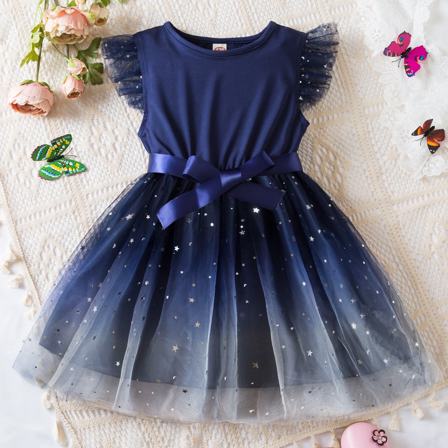 2025 Summer Girls Dress Korean Style Starry Sky Mesh Flutter Sleeve Princess Dress Children's Summer Casual Skirt