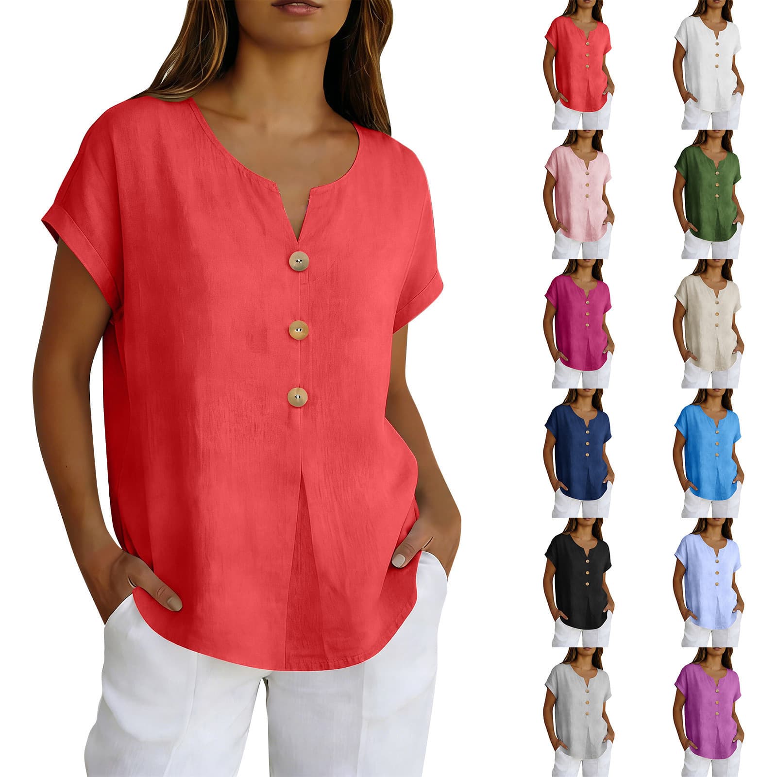 2026 new summer women's clothing Amazon wish European and American cross-border solid color fashion short-sleeved twist-button cotton and linen tops for women