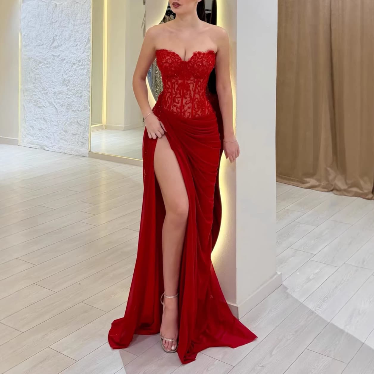 Red lace fishbone tube top slit long skirt | Sexy hottie style evening dress
