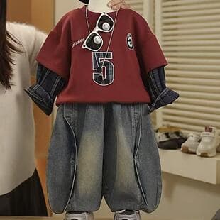 Kids Set 2026 Spring New Fashionable Korean Style Fake Two Piece Hoodie Boys Curved Denim Pants Two Piece Set Trendy