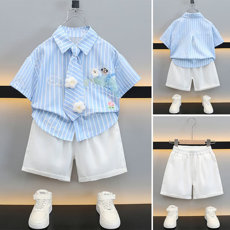 Boys summer shirt suit summer clothes 2025 new short-sleeved children's clothes baby college style boys and children's clothing trendy