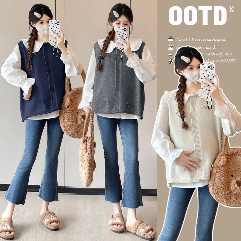 2025 Autumn Maternity Wear Korean Style Fashion Two-Piece Set New Loose Youthful Peter Pan Collar Shirt + Maternity Vest