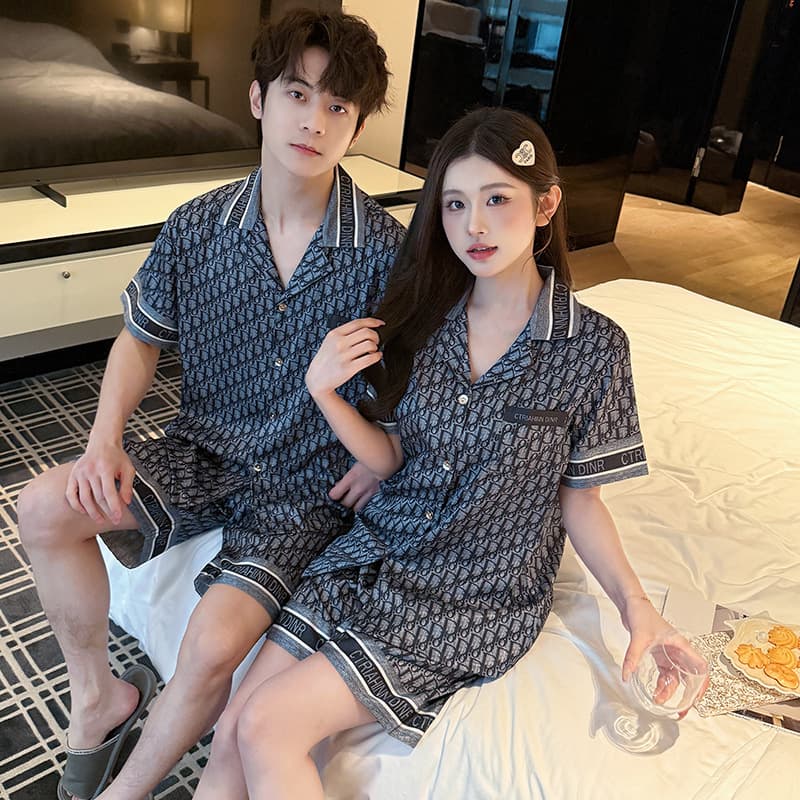 Cross-border Wholesale Ice Silk Couple Pajamas Women's Short Sleeve Luxury Thin Imitation Silk Plus Size Full Print Homewear for Men and Women