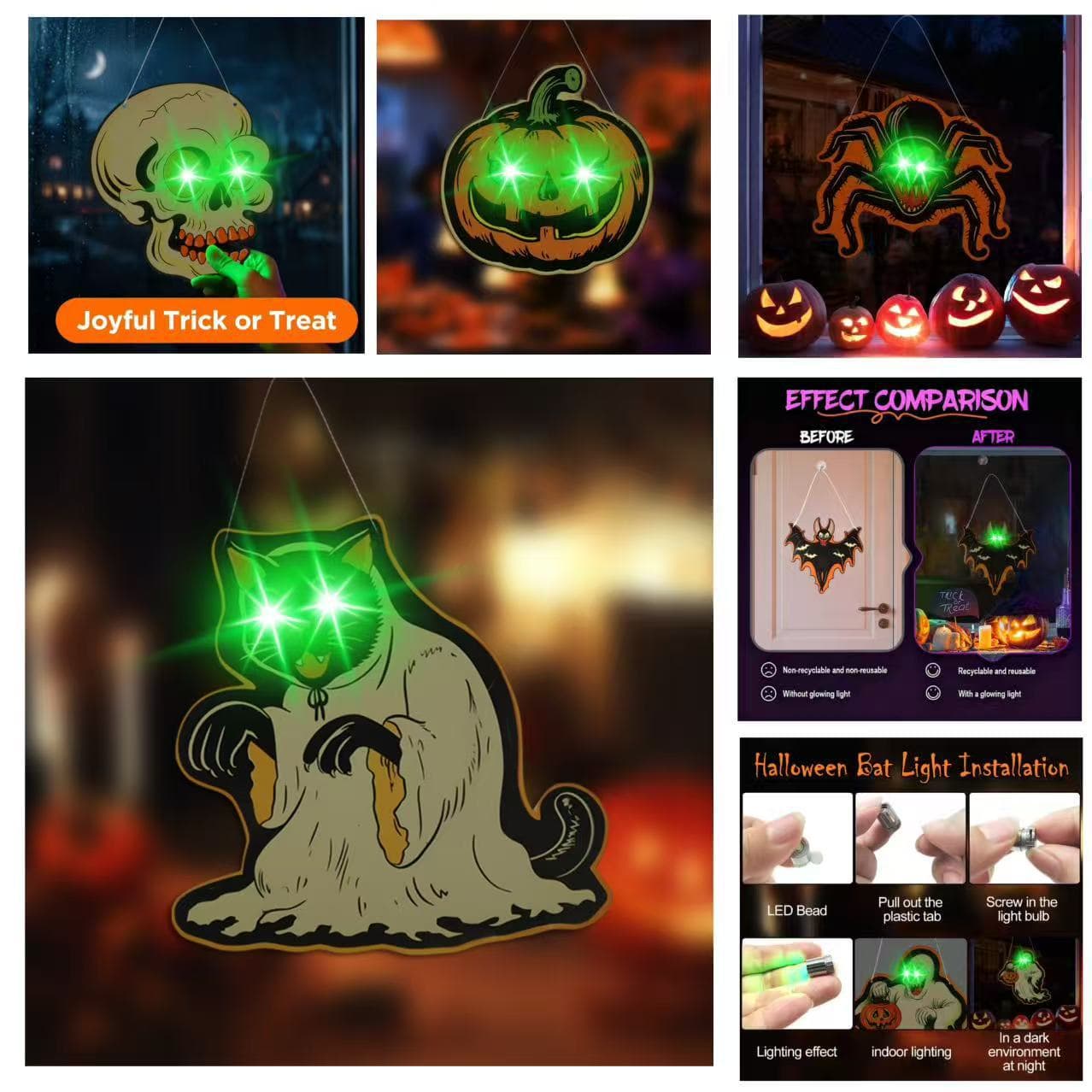 Ha047-062 Halloween Hanging Glowing Cat Light-Up Eye Lamp Pendant Holiday Party Decoration PVC Wall Sticker