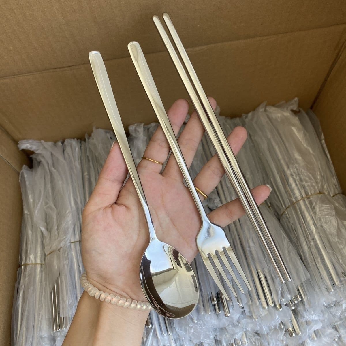 304 Stainless Steel Portable 3-Piece Cutlery Set, High Appearance Travel Student Chopsticks and Spoon Set