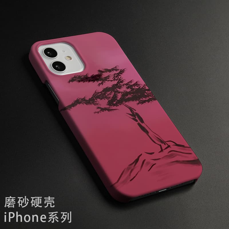 New Chinese Style Pink Pine Tree Film Case for iPhone 14 Pro, 13 Pro Max/12/11/XR Hard Shell