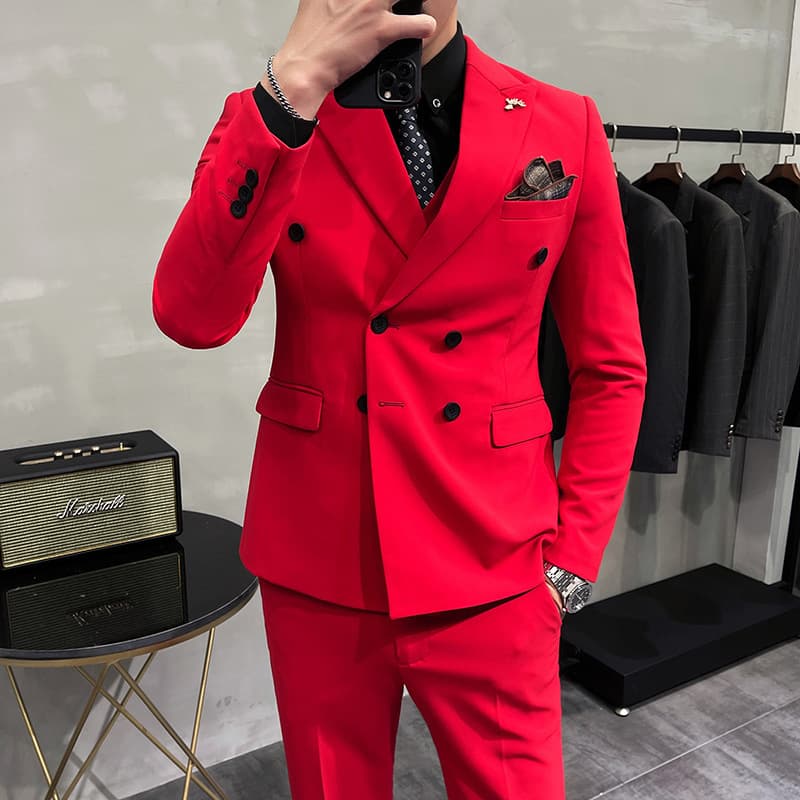 Double-Breasted Men's Three-Piece Suit Slim Fit British Style 10 Colors Nightclub Tuxedo