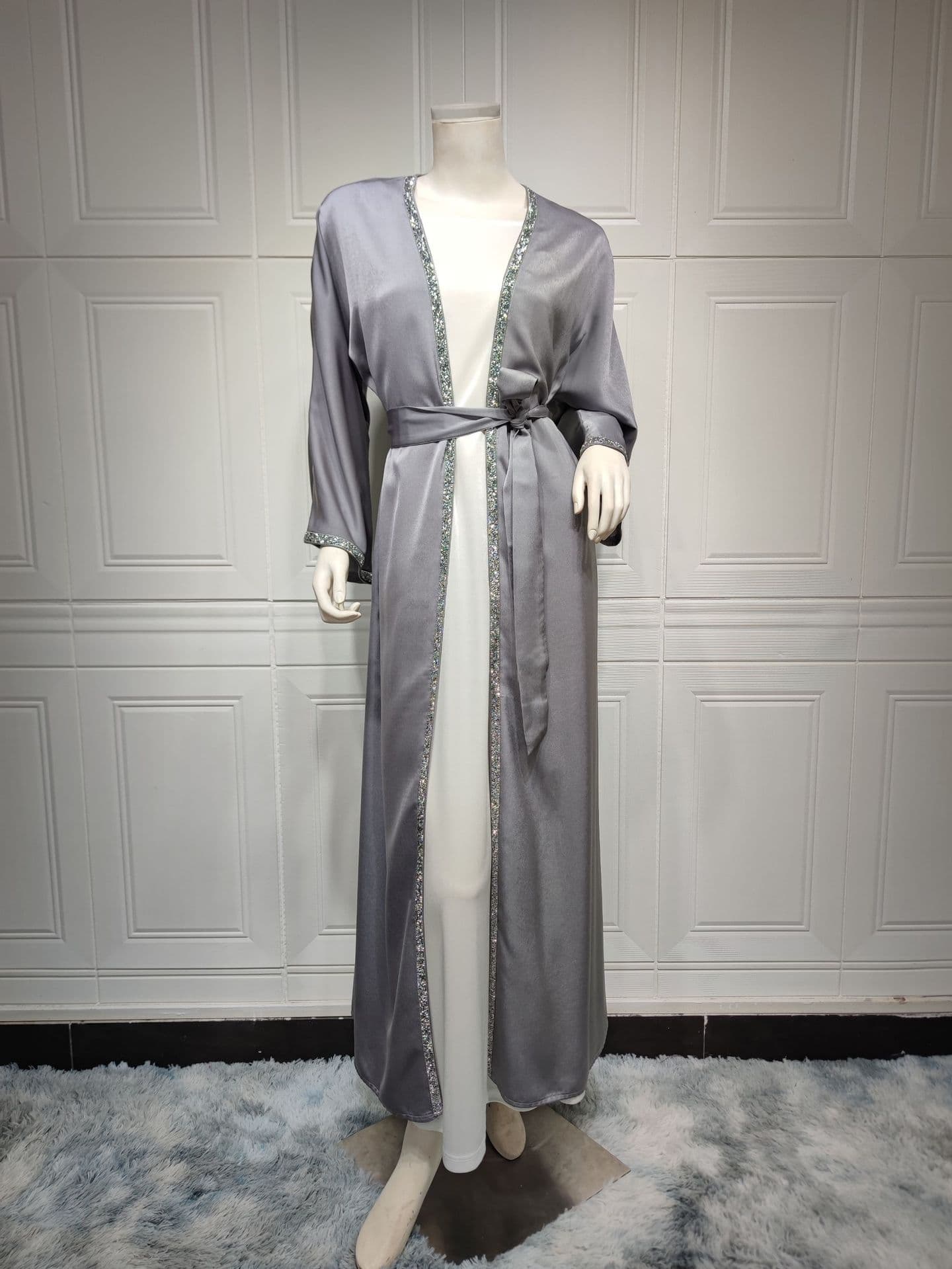 MQ058 Modest Elegant Rhinestone Long Dress Modern Fashion Satin Soft Outerwear Waist-Cinching Long Dress White Inner Layer