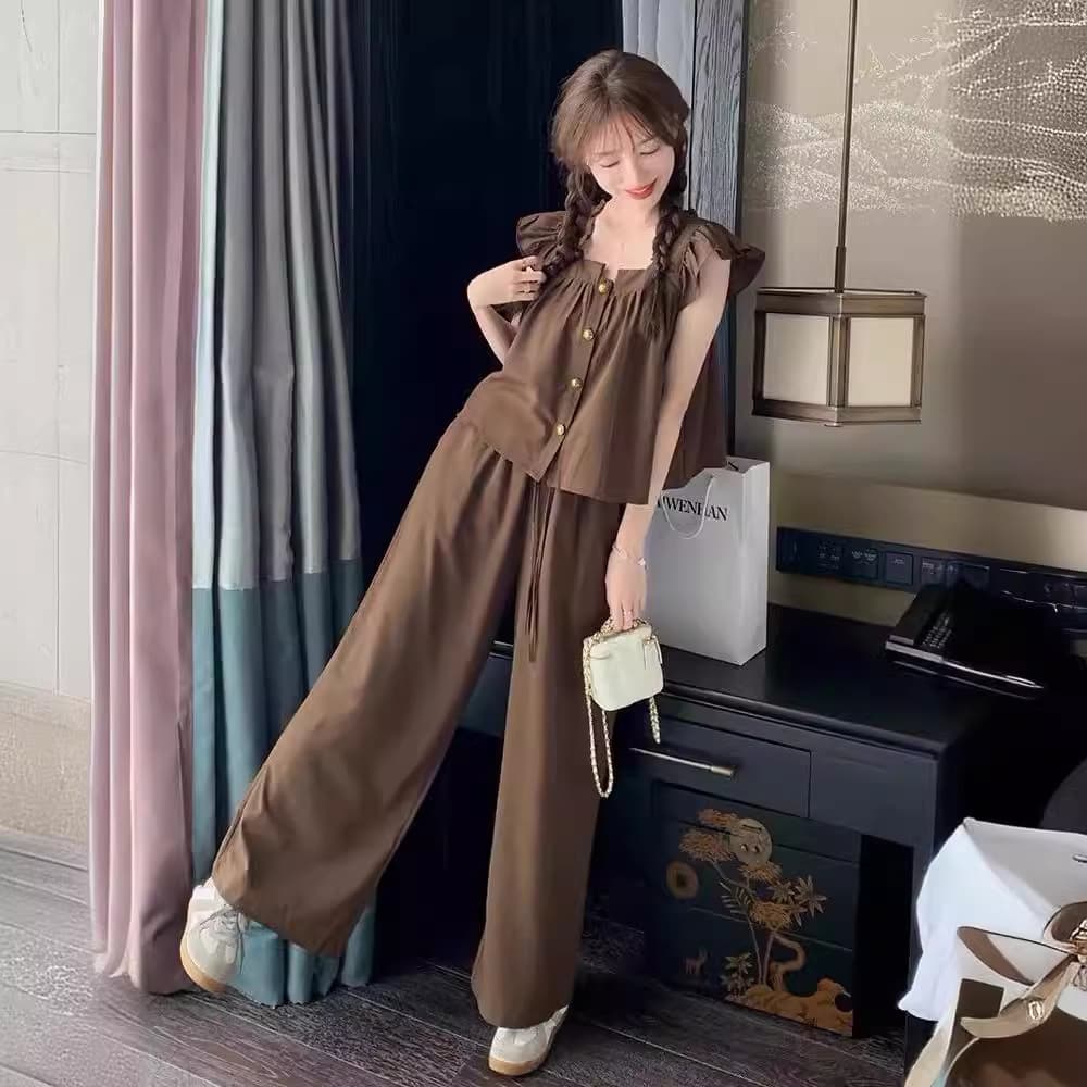 Sweet Youthful Casual Summer Set Women's Small Size 2024 Wide Leg Pants Three Quarter Sleeve Shirt Two Piece Ensemble