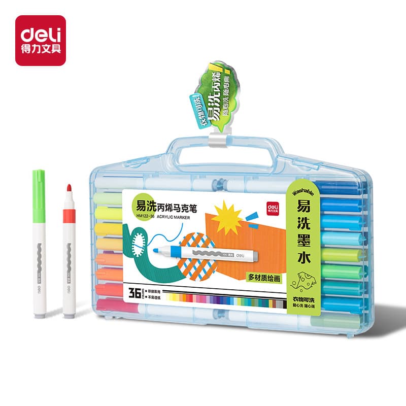 Deli HM122-36 Easy-Wash Round Acrylic Markers (Mixed) (36 Colors/Box)