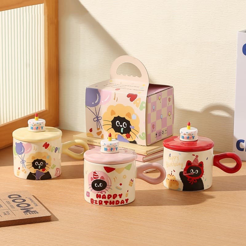 Cartoon Cat Ceramic Mug with Lid, Cute High-Appearance Office Water Cup for Women, Gift for Birthday and Souvenir, Coffee Mug