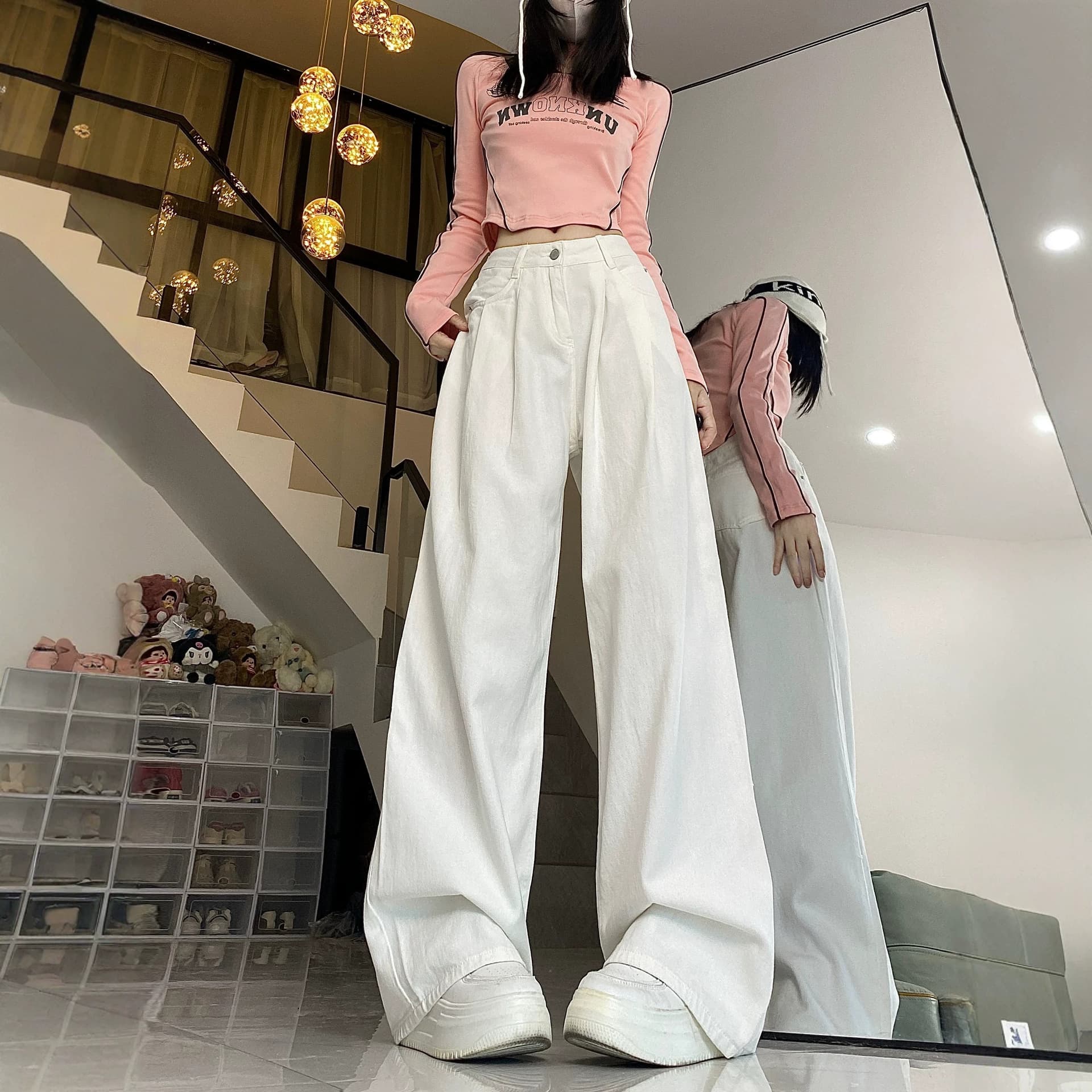 White high-waist straight jeans for women, summer and spring wide-leg loose denim straight pants for women, slim pants for women