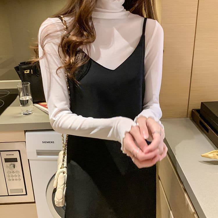 High Neck Mesh Base Layer Top for Women, Early Autumn Stylish Sweater Fur Lining, Black Lace Mesh Top, Thin Transparent Blouse