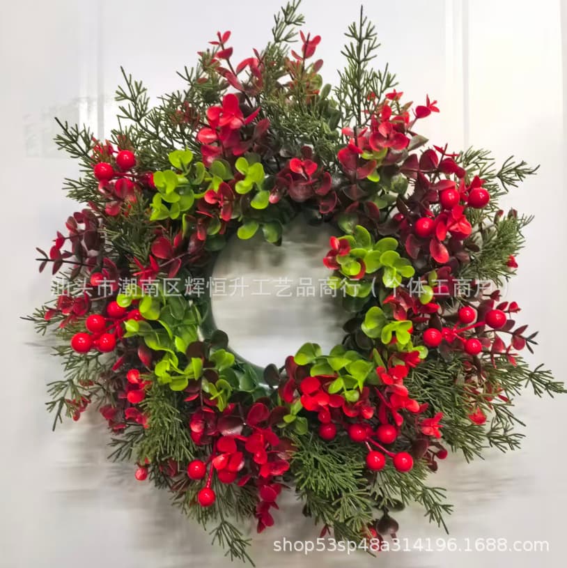 Christmas Decoration Front Door Wreath Hanging with Arborvitae Leaves Red Berries, Yard Hanging Ornament