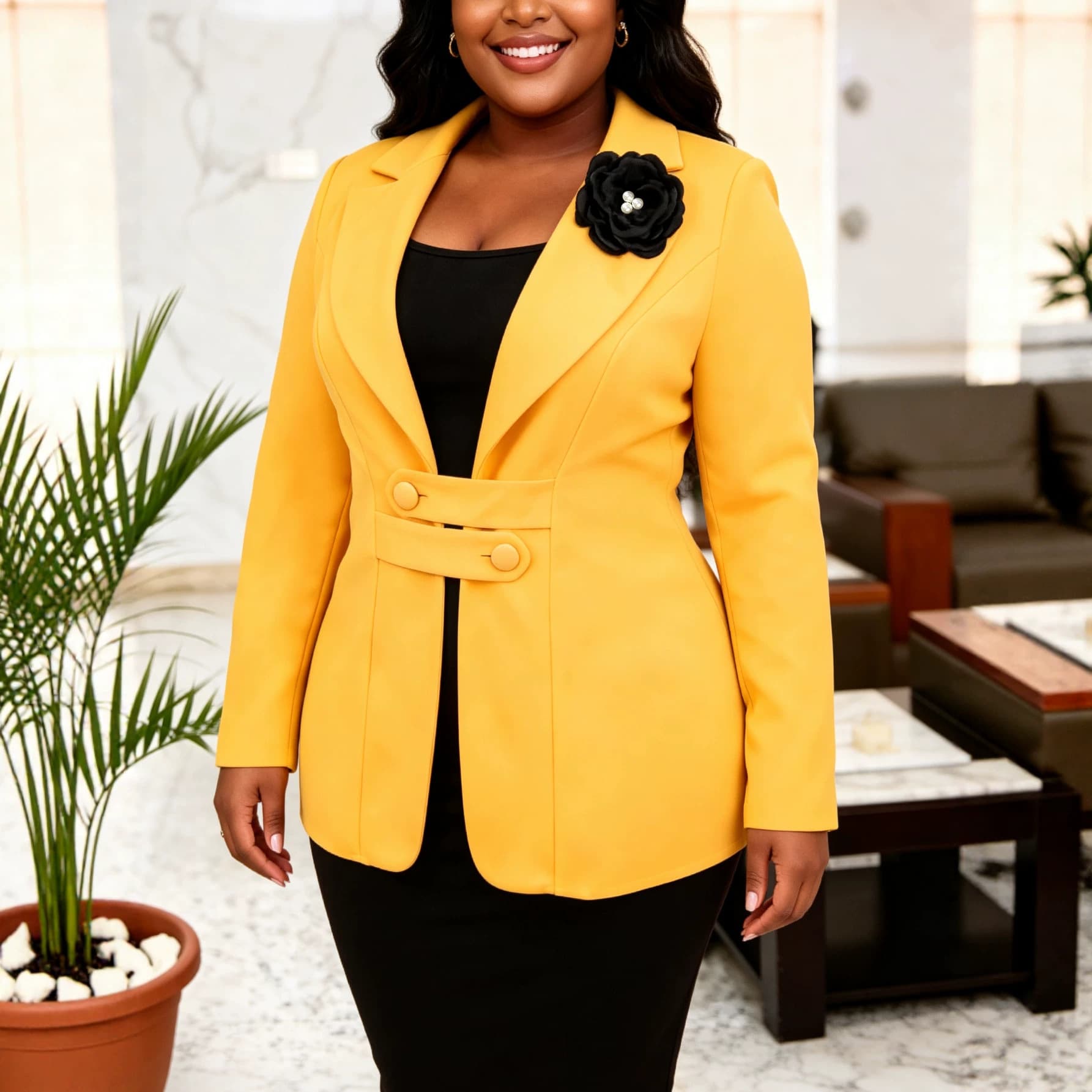 Plus size women's waist-cinched long-sleeved suit jacket, lapel three-dimensional flower decoration commuting slim professional suit