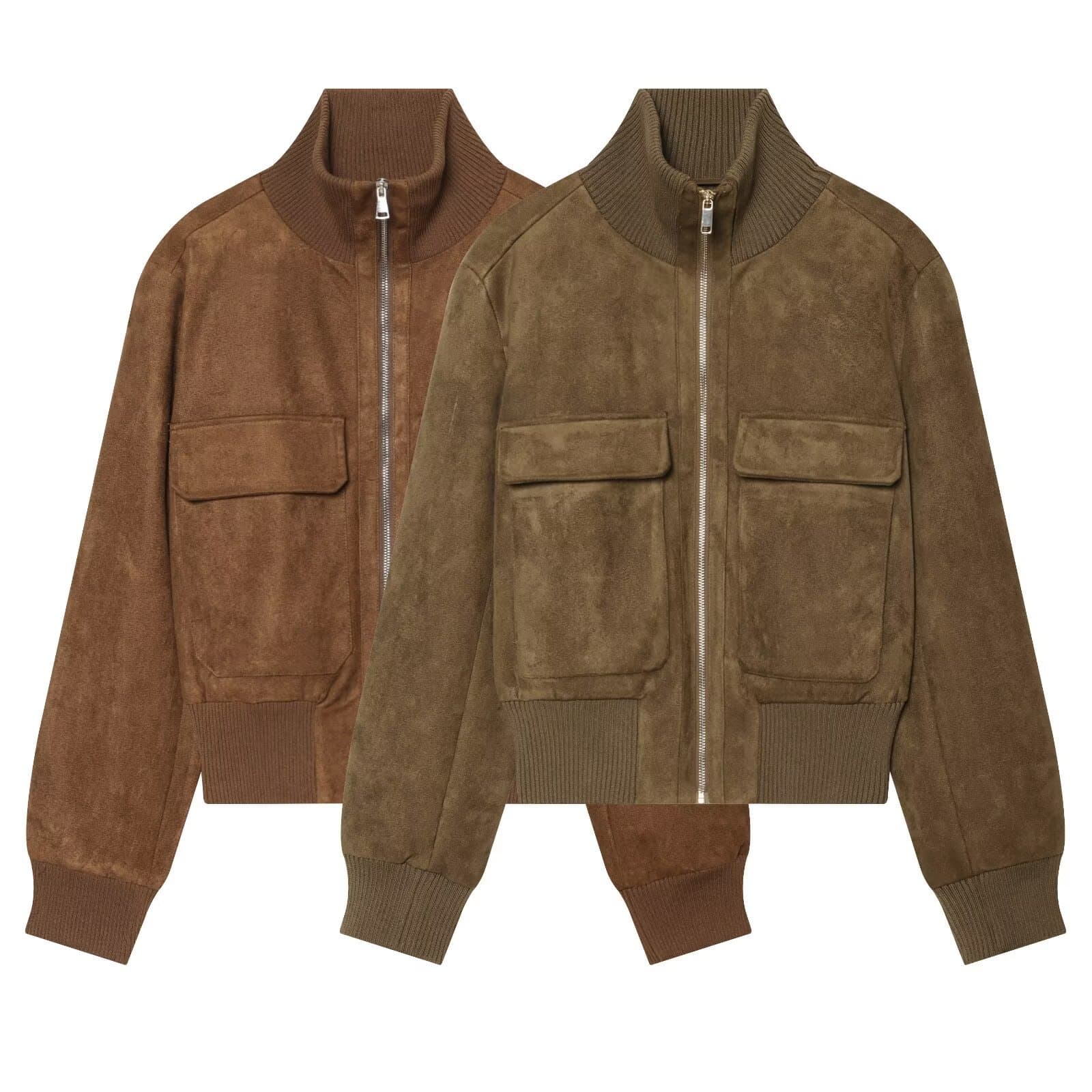 PB&ZA Fall Women's Casual Retro Stand Collar Pocket Suede Pilot Jacket Coat 3046256