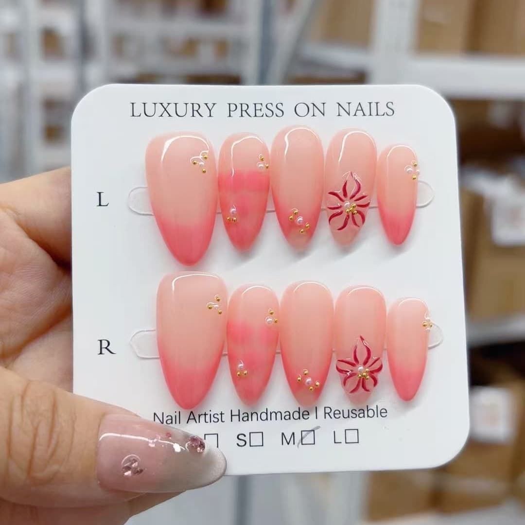 Cross-border Hot Selling Hand-painted 3D Carved Almond Nails French Romantic Gradient Handmade Wearable Fake Nails